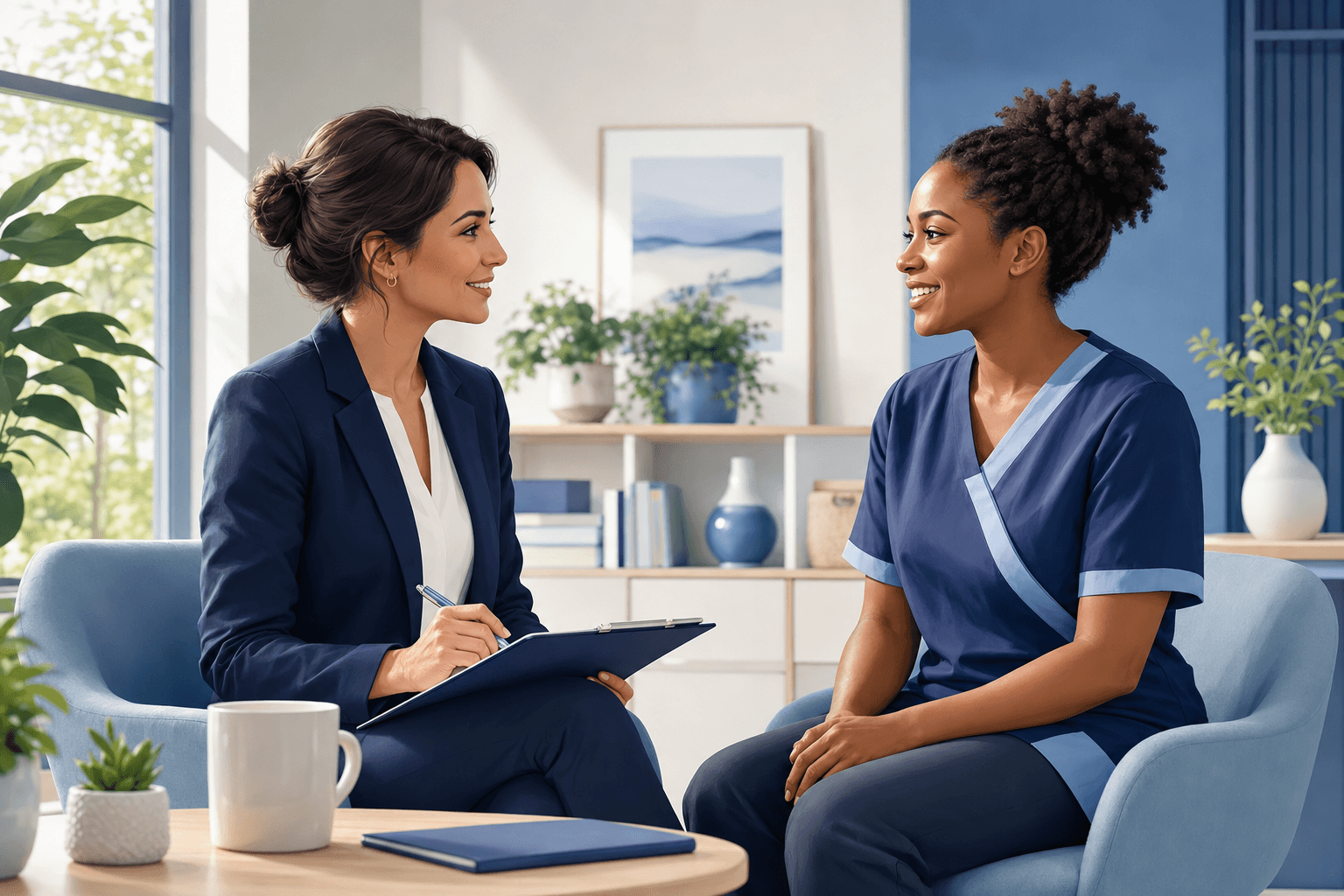 A care professional and recruitment consultant speaking together.